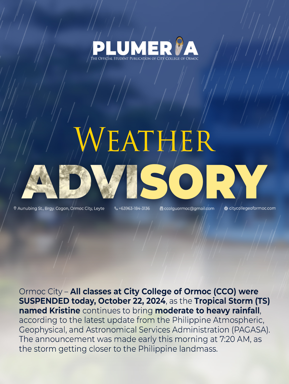 CCO SUSPENDS CLASSES DUE TO TROPICAL STORM KRISTINE